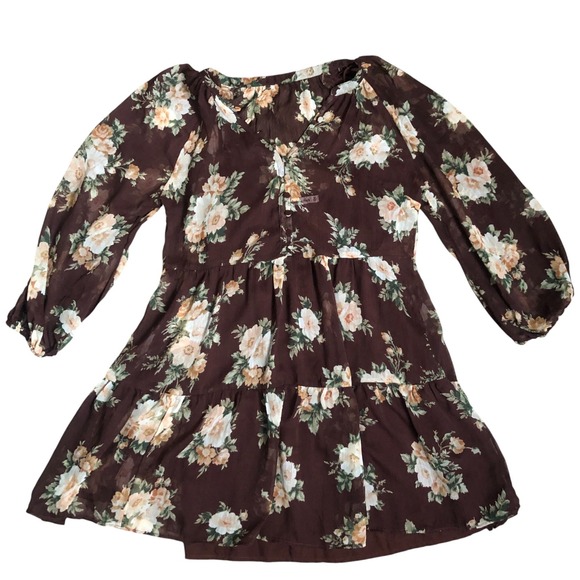 Abercrombie & Fitch‎ Women's Brown Floral Boho Tiered Babydoll Mini Dress Size S - Picture 2 of 16
